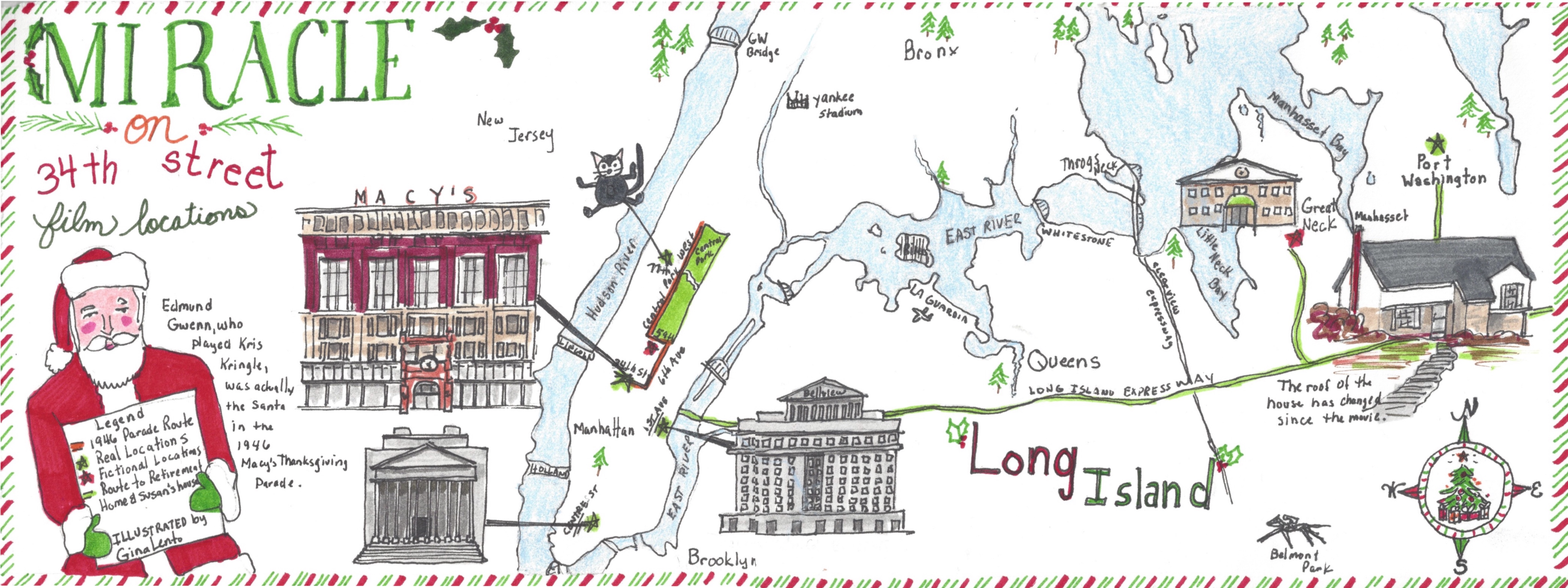 Map sketch of the original Miracle on 34th street including the house that Susan says is here's, which is located in Port Washington, NY.