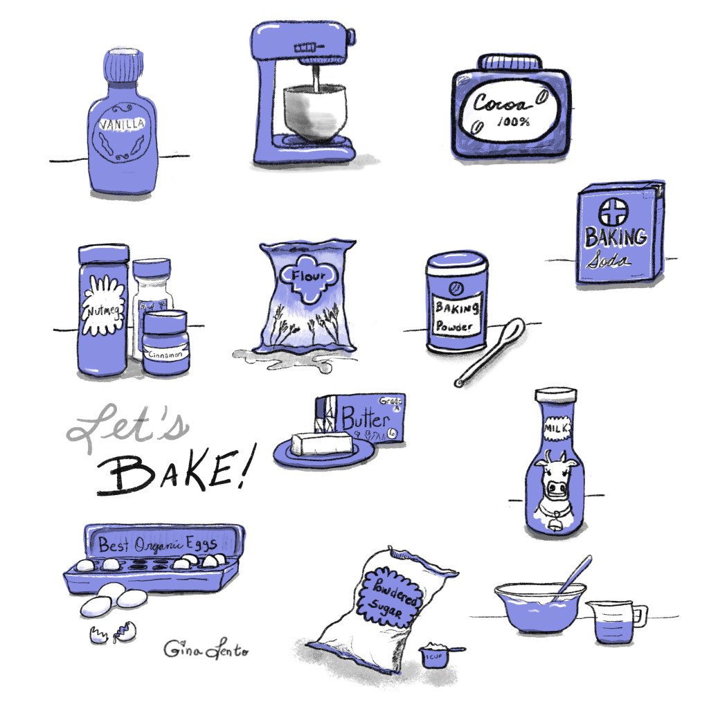 Baking icons, Powdered sugar, vanilla, stand mixer, cocoa, baking soda, bowl/measuring cup, milk, flour, eggs line drawings with Procreate with periwinkle coloring, nutmeg done by ginalento.com