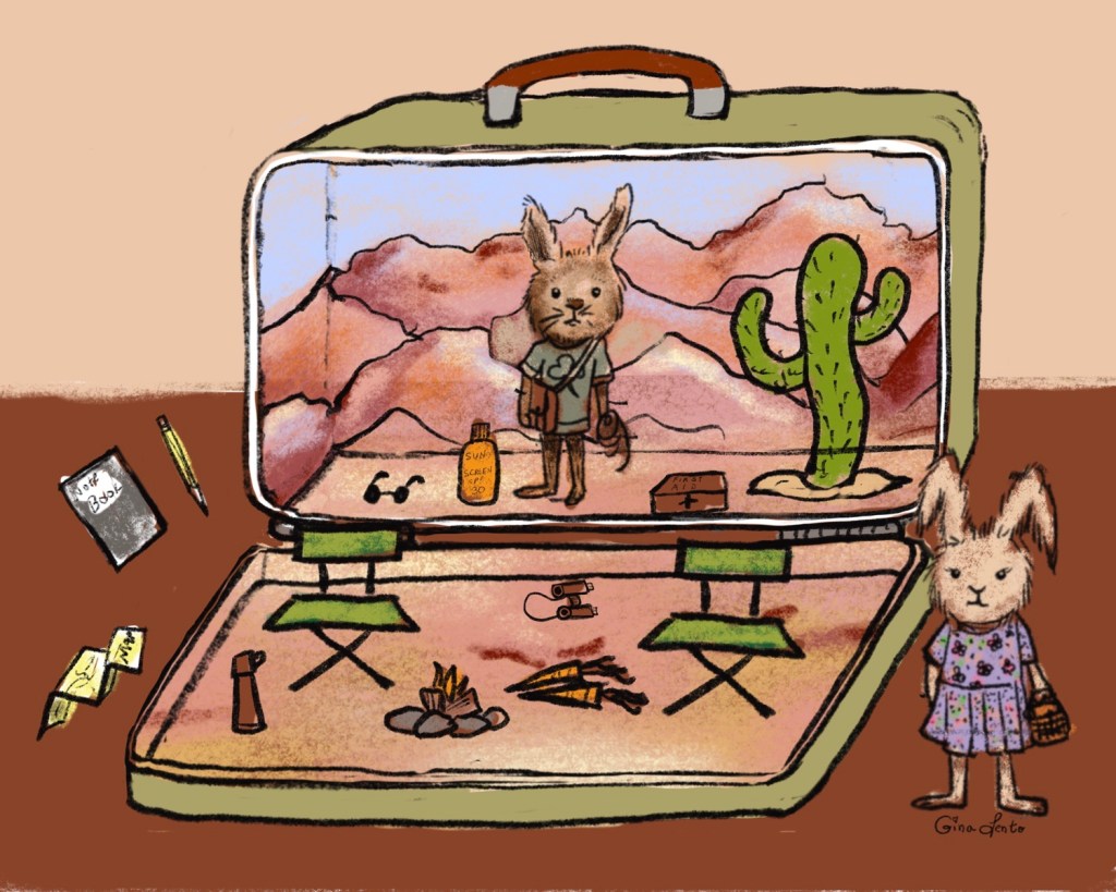 Description: Two toy bunnies/rabbits.  Play set with desert background.  Accessories include a cactus, camp chairs, toy carrots, binoculars, a top map, note book with pencil, sunglasses, sunscreen, first aid kit and toy camp fire. Khaki color exterior case with desert tones inside.