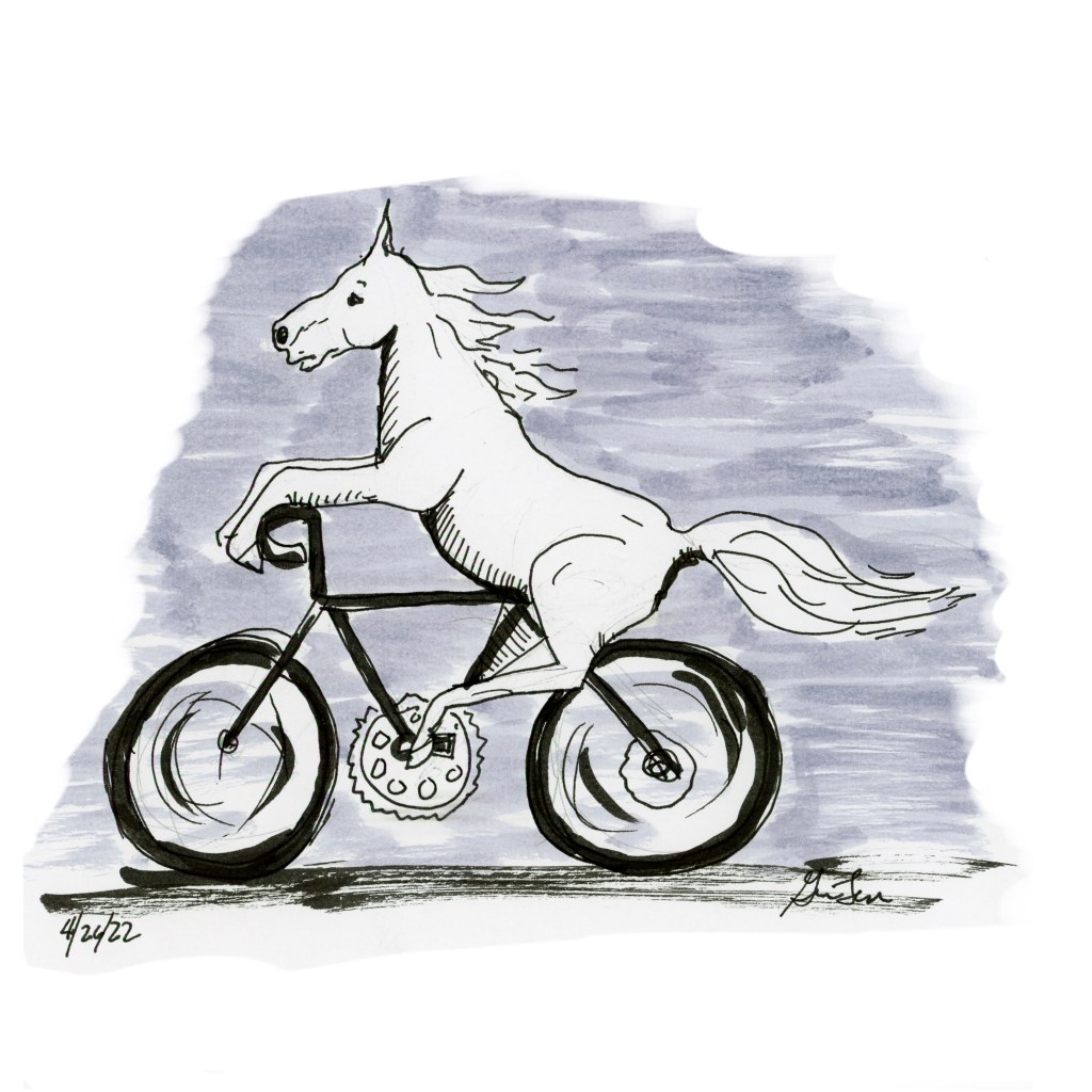 Black and white w/grey line drawing of a horse on a bicycle.