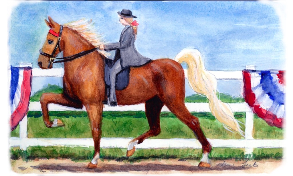 Chocolate Palomino Saddle horse with rider with red white and blue banners for a national holiday.  Horse is doing an gaited pace.
