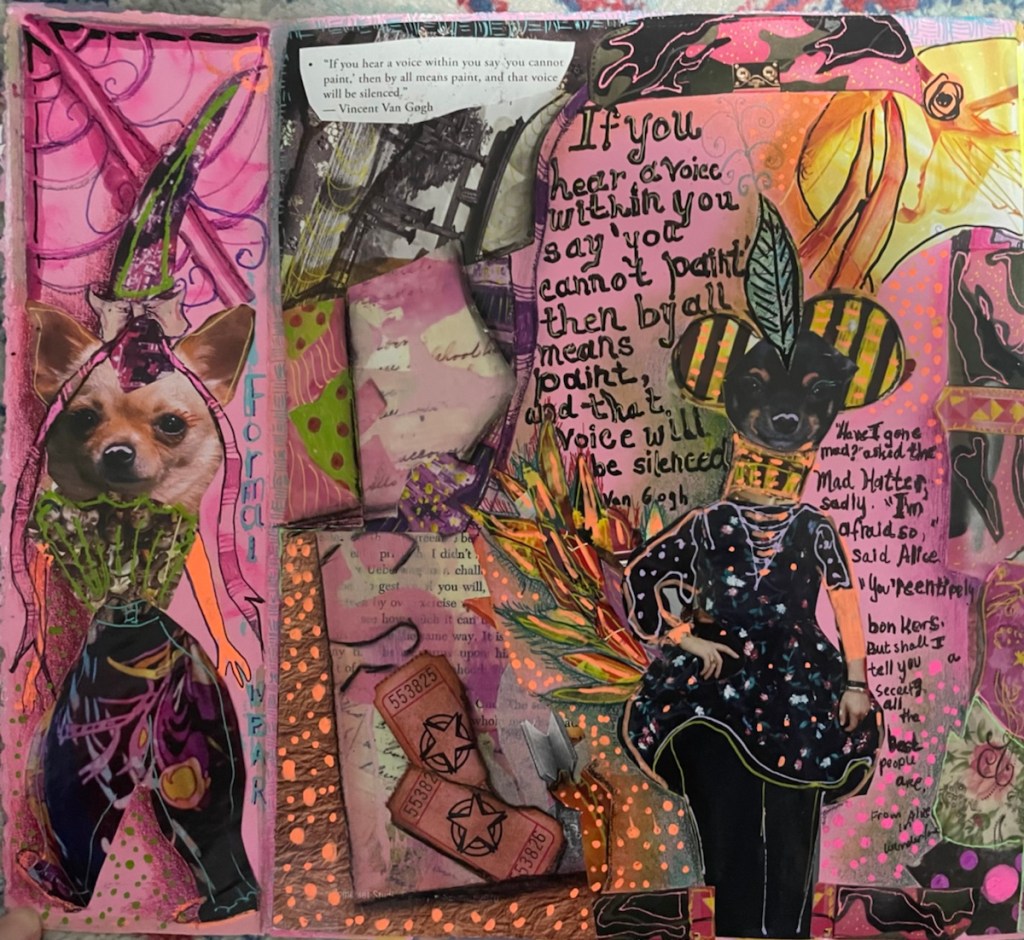 8x10 Mixed media collage sketchbook page using various bits and scraps of collage.  Chihuahuas, old ticket stubs, embellishments with paint markers. The Chihuahua heads were added to "bodies."