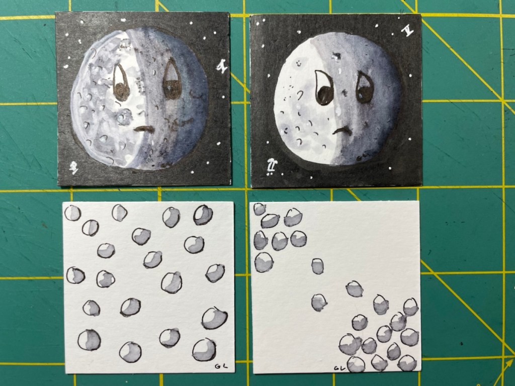 2x2 inch square art...Moon faces with the light slowly being taken away to eclipse the face of the moon, which looks like a boy/man.  Also two 2x2 squares of moon rocks