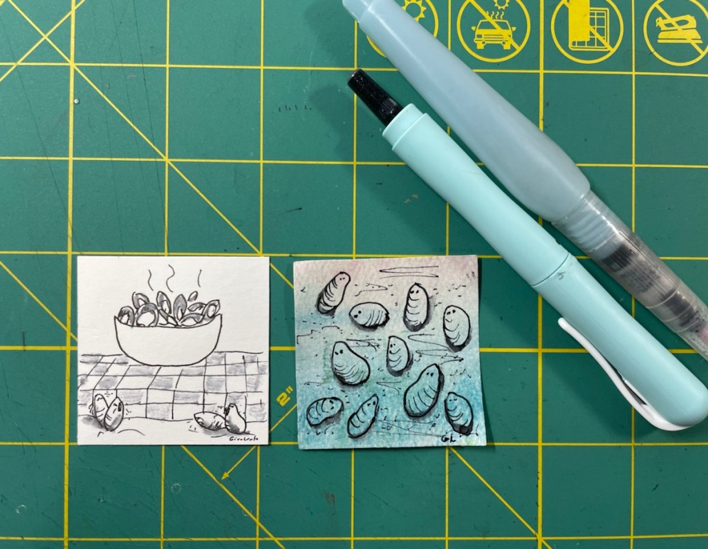 Mussels with little faces done in Ink and ink wash on 2x2 inch paper.   Whimsy humor 