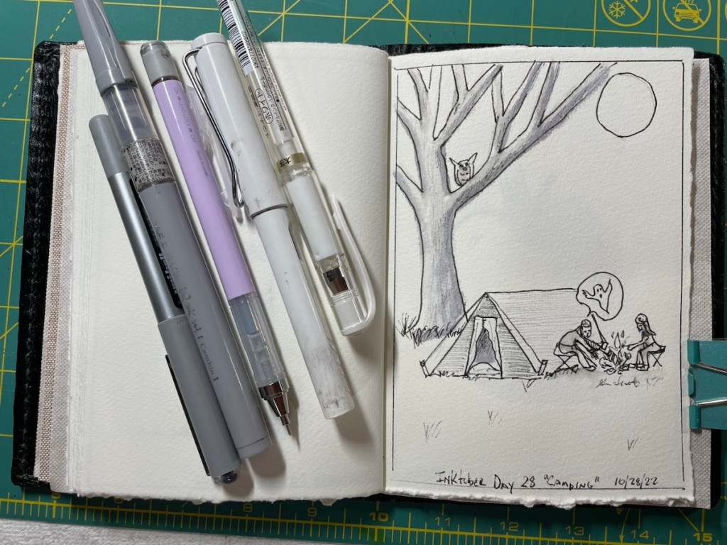 Inktober Day 28
"camping"
Pen and Ink Drawing of a couple sitting at a campfire in front of a tent.  There is a tree with an owl behind the tentand a full moon in the sky.  The husband/man of the couple is telling a ghost story indicated by a ghost in a speech bubble.