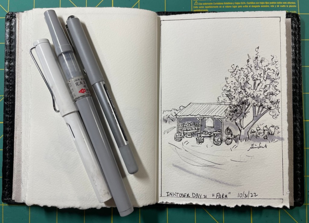 Inktober Day 31
Farm
Pen and Ink sketch of a farm stand with produce under a tree.  There are some pumpkins scattered about