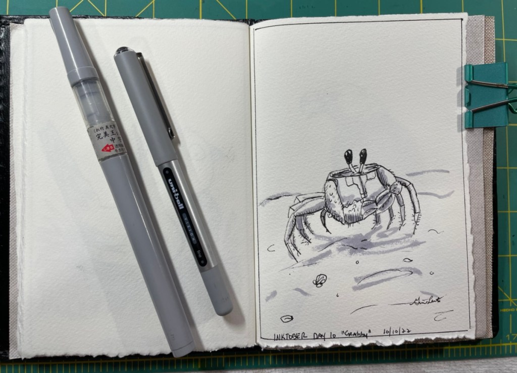 Inktober Day 10
Crabby
Pen and ink drawing of a ghost crab walking on a beach