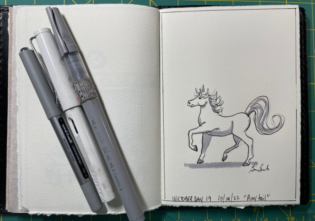 Inktopber Day 19
Ponytail
Pen and Ink drawing of a prancing pony with an elegant flippy tail ie ponytail