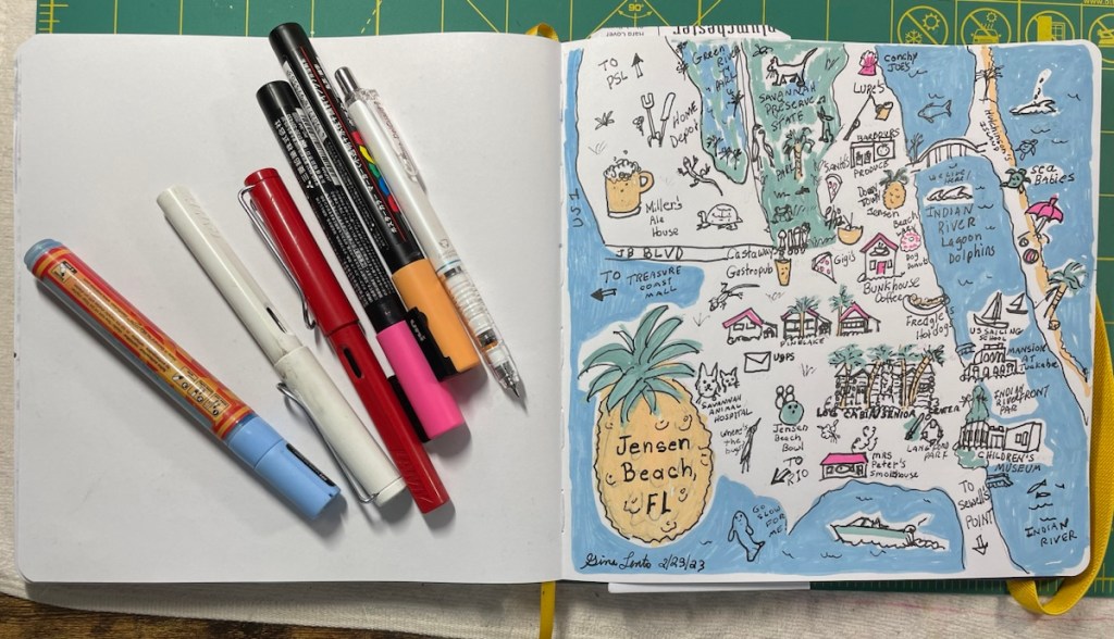 Sketchbook spread of the art supplies used to create the hand drawn map of Jensen Beach.  Posca pens, Lamy safaris and Molotow pens were used,