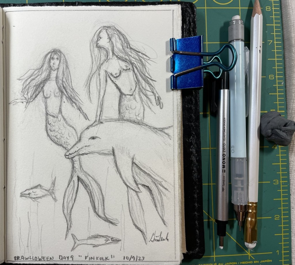 Pencil drawing of mermaids swimming among fish and dolphins
