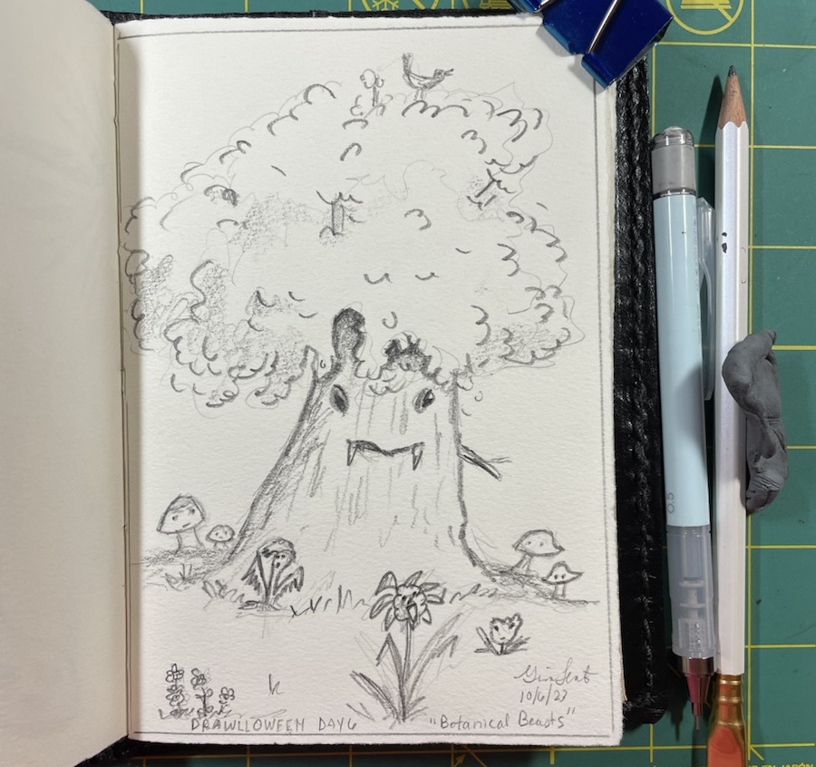 pencil drawing of a tree with a face and fangs.  there are other plant critters around the tree,