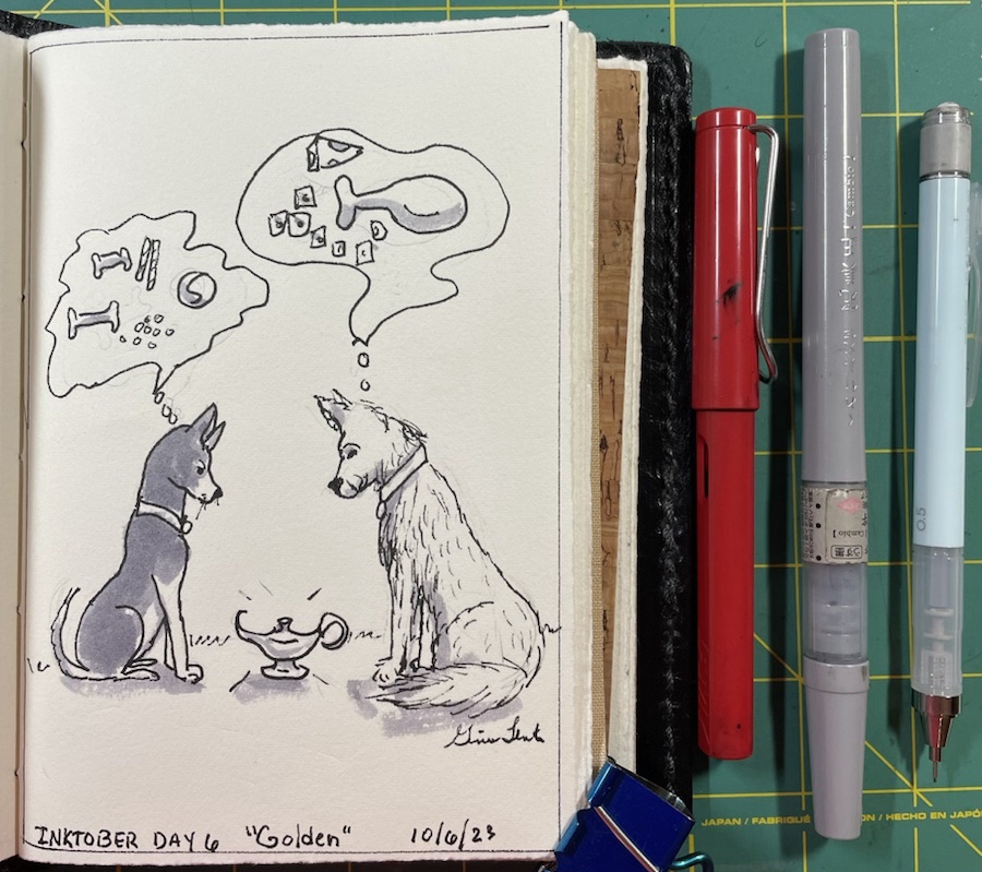 Pen and ink drawing of two chihuahuas sitting with a genie lamp in between them.  Both have wishes for the genie which are in thought bubbles above their heads.