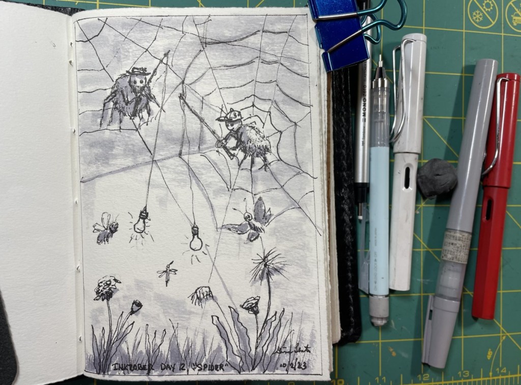 Inktober Day 2 with spiders.  This image has two spiders using lightbulbs to "fish" for their prey.  There are insects flying to the light bulbs.
Also a with done in pencil, standing by a lake with her broom, admiring the moon.