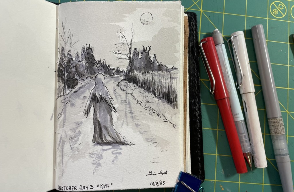 A pen and ink sketch of an eerie woman strolling almost zombie like down a remote path, full moon lighting her way