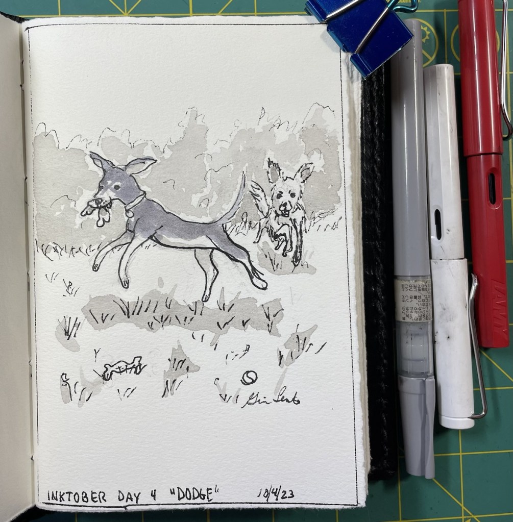 Pen and Ink sketch of two chihuahuas chasing each other for a bone