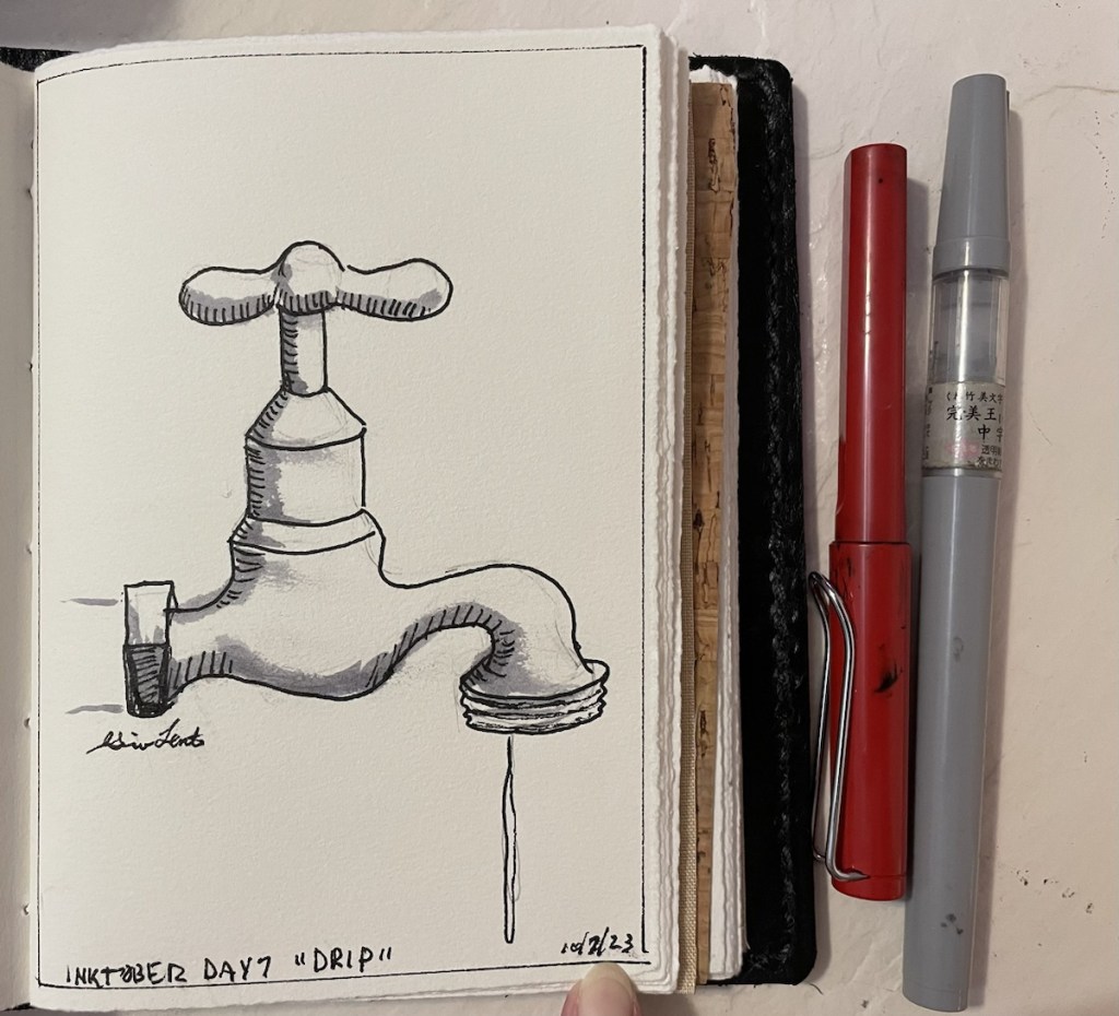 Pen and ink drawing of an old fashioned faucet with a long drip progressing from it