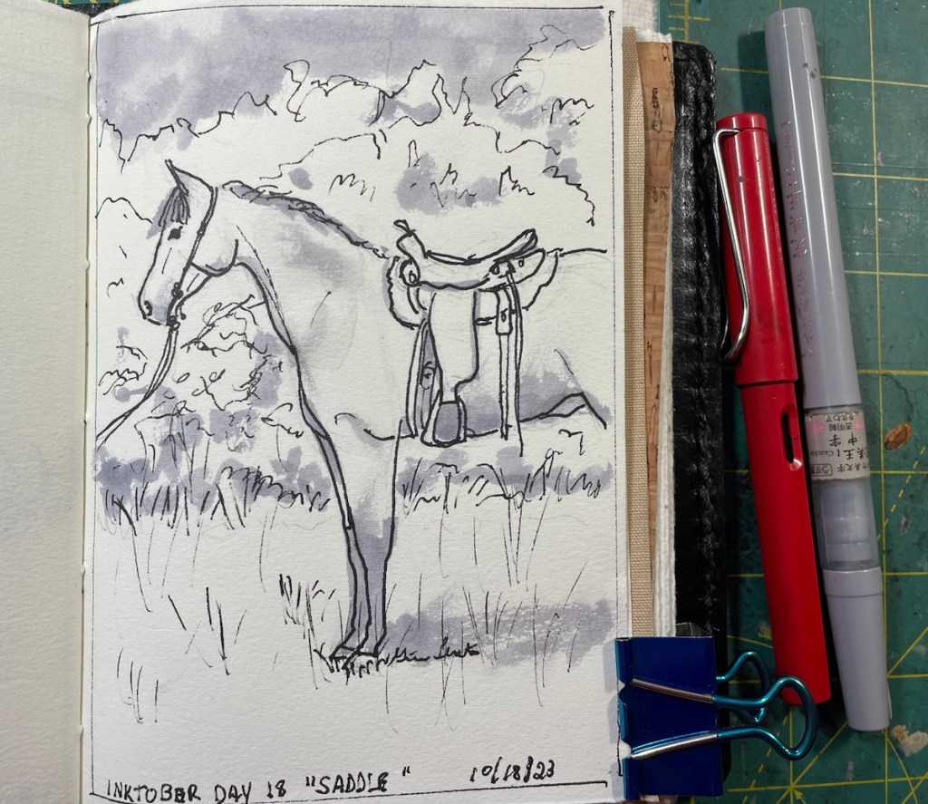 Pen and ink drawing of a horse with a Western Saddle.  Reference photo from the Museum App.