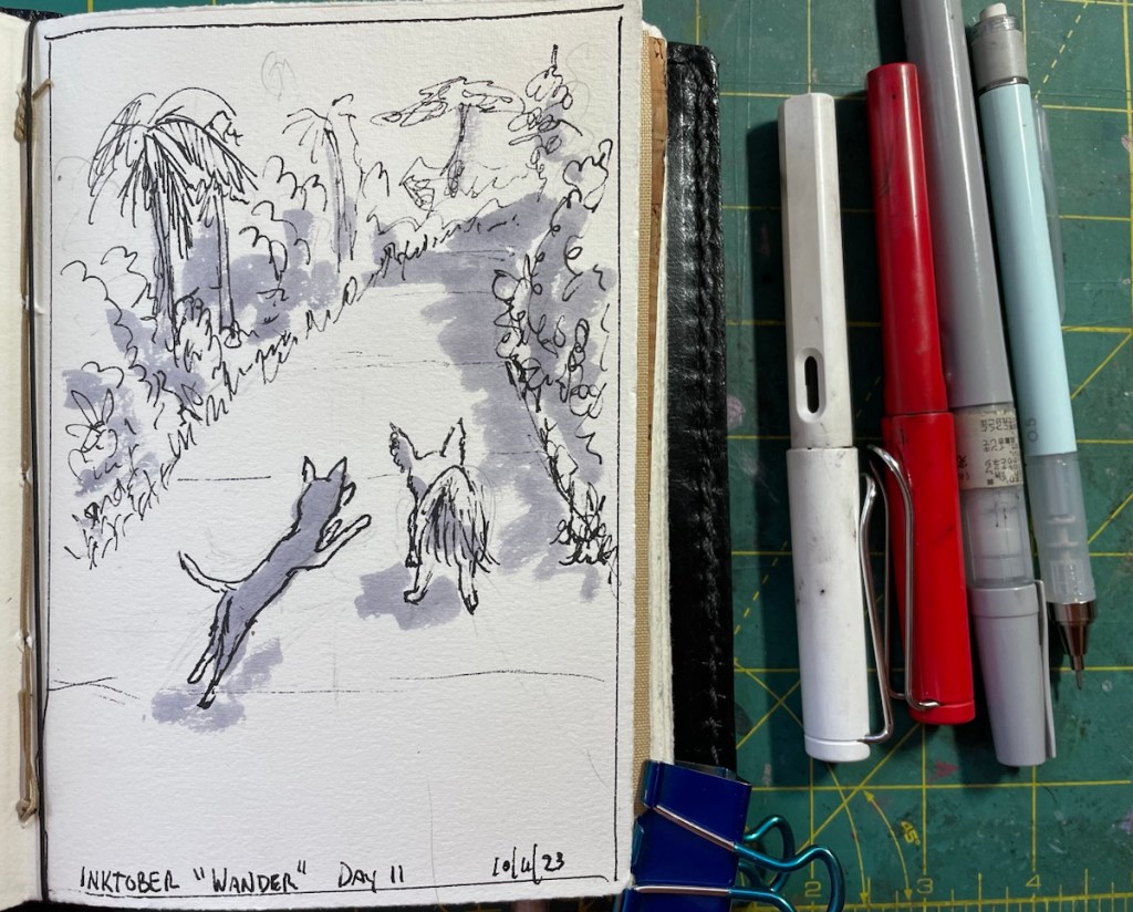 Pen and ink drawing of a two dogs wandering up a trail.  There is vegetation on both sides and they look like they have a purpose for their stroll.