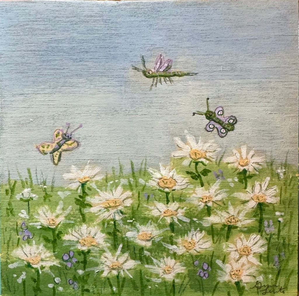 Small 4x4 painting painting using Acryl Gouache on a 4x4 cradled birchwood panel.  The painting is small white daisy looking flowers with butterflies and a dragonfly flying over the flowers.  Painting is down with blues, greens and white with a hint of lilac.
