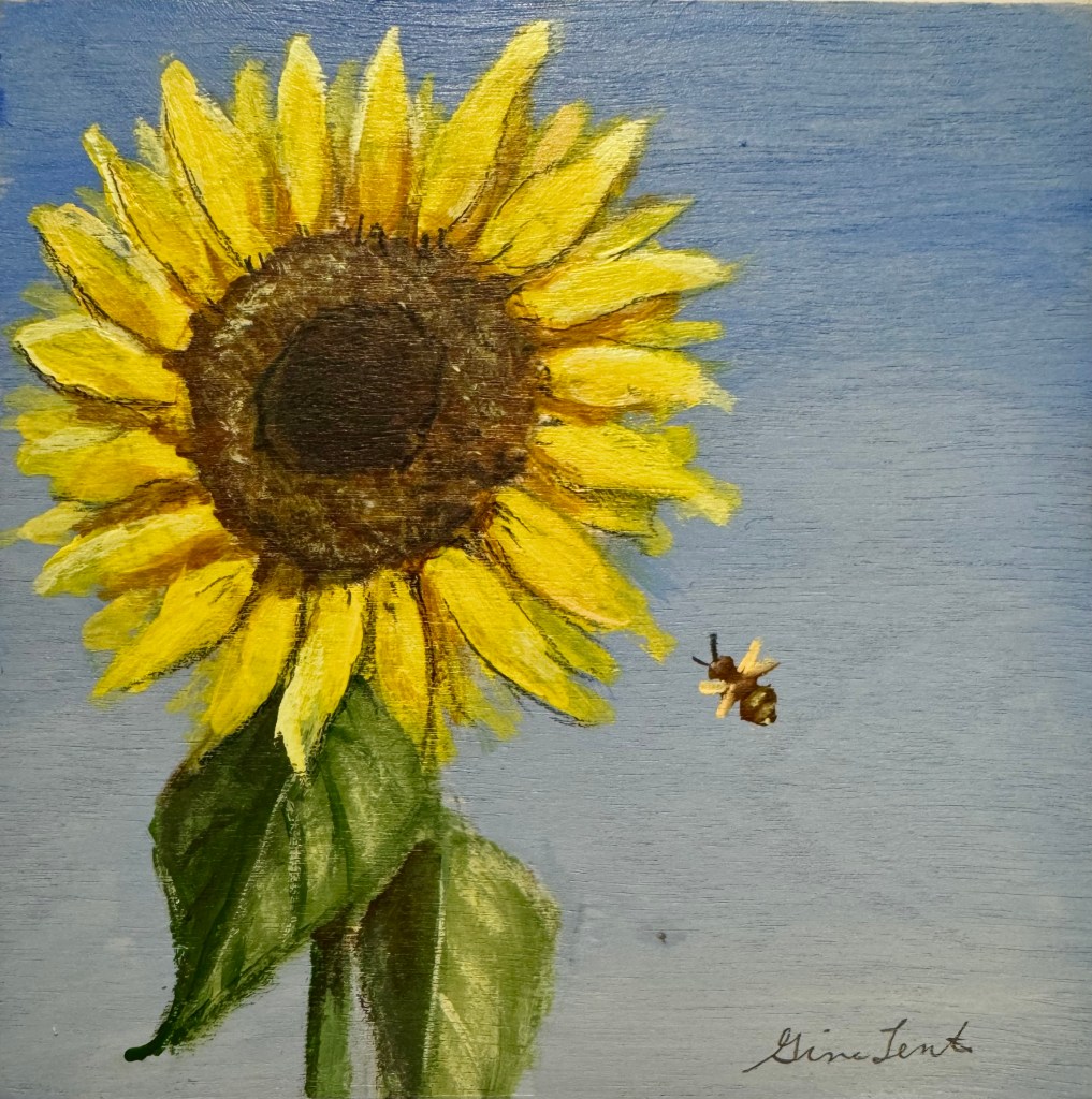 Small painting done on 4x4 cradled wood panel using acrylic gouache. Subject is a solo sunflowers standing proudly as indicated by just the sky in the background.  There is a bee headed toward the sunflower to load up on some pollen.