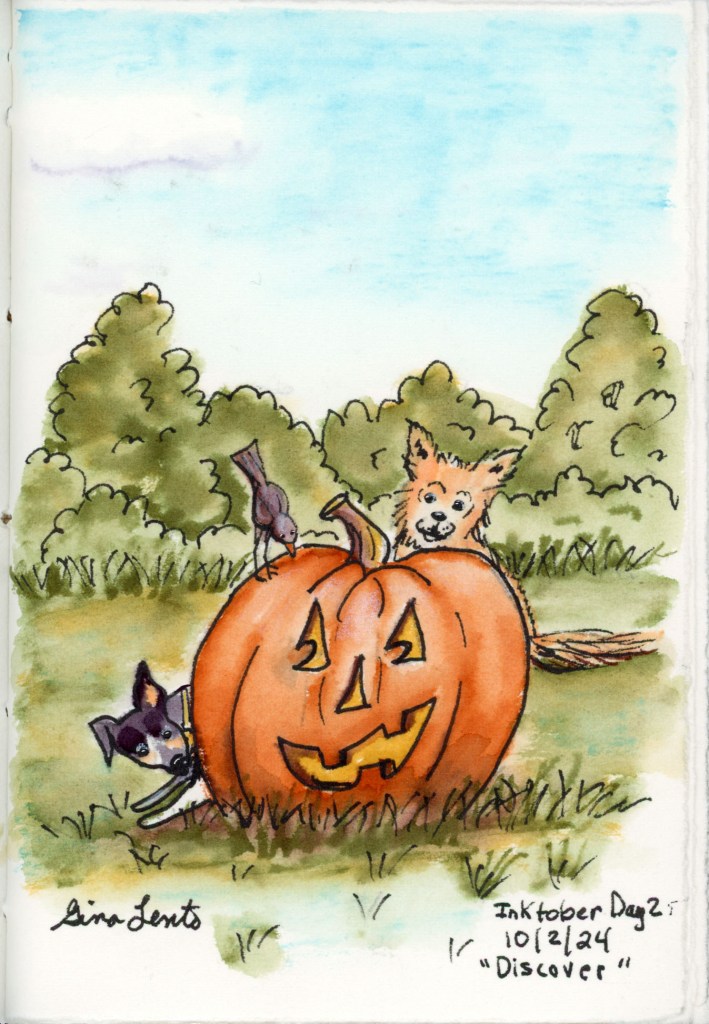 Arteza brush pens and Carbon Ink
Jack O'Lantern with 2 Chihuahuas and a bird outside examining the lit pumpkin