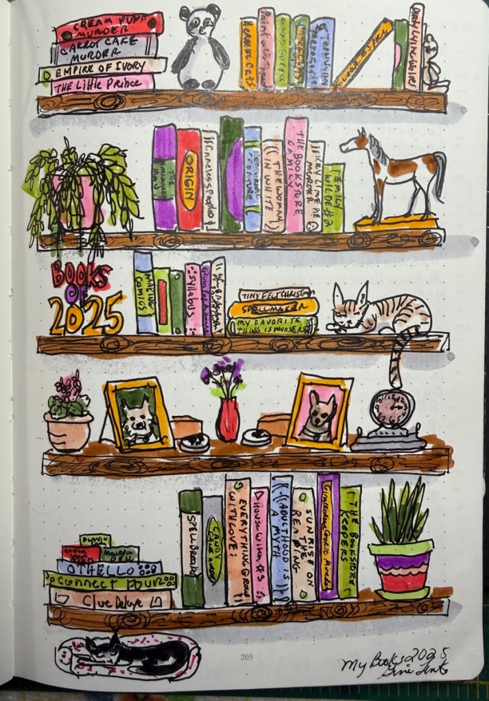 Bookshelves drawn with ink and Tombow markers with blank books for filling in as one finishes a book