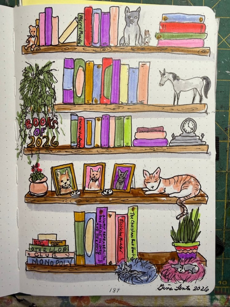 Bookshelves drawn with ink and Tombow markers with blank books for filling in as one finishes a book