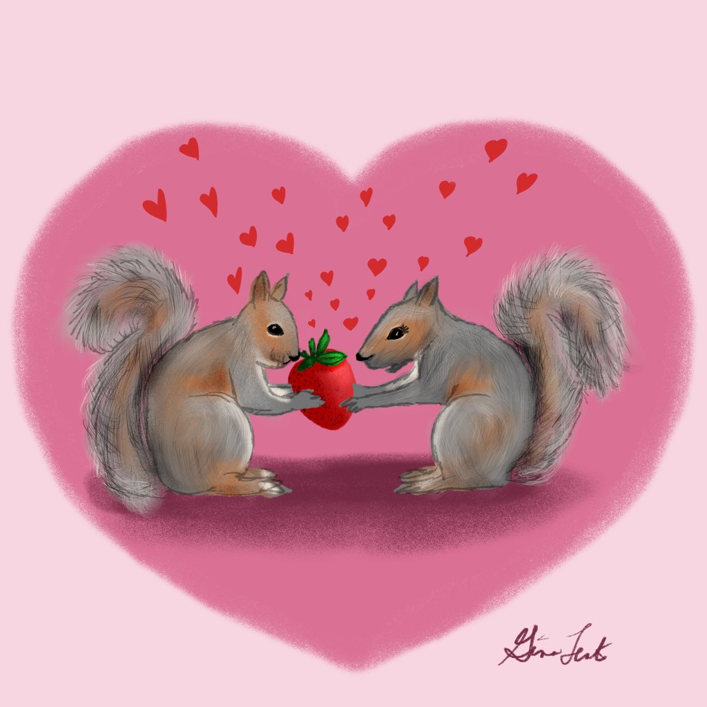 Head-over-heels breakfast. tea squirrels exchanging a strawberry as a symbol of the love they have for the other.  There are hearts over the squirrels.  the background is a pink heart