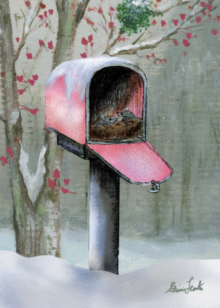 Heart Melting Mailbox....Pink Mailbox set in a winter scene with snow and two mice are living in the mailbox