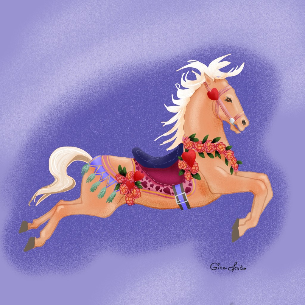 Lovestruck Carousel - Palomino carousel horse decorated with flowers and hearts
