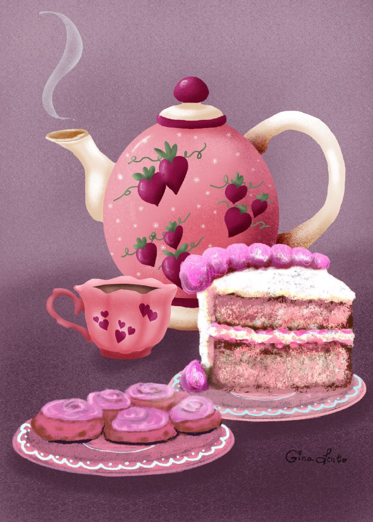Patisseries Display of affection 
A dessert scene with a heart decorated teapot, heart decorated teacup, slice of cake and cookies