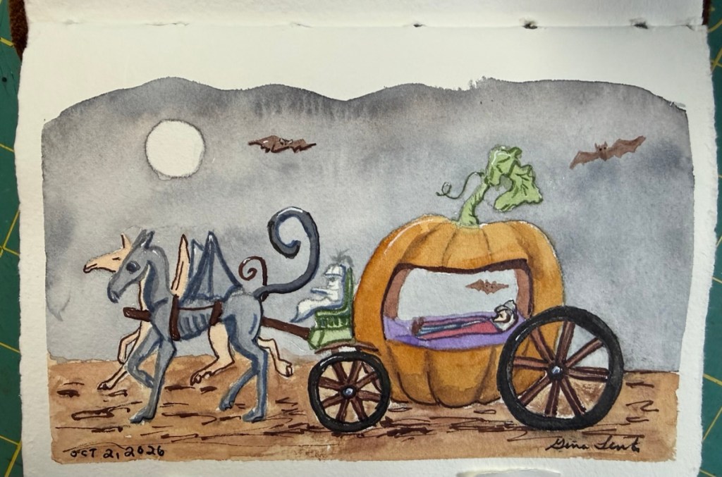 A whimsical watercolor illustration depicting a winged horse pulling a pumpkin carriage under the moonlight, with a figure reclining inside and bats flying nearby.