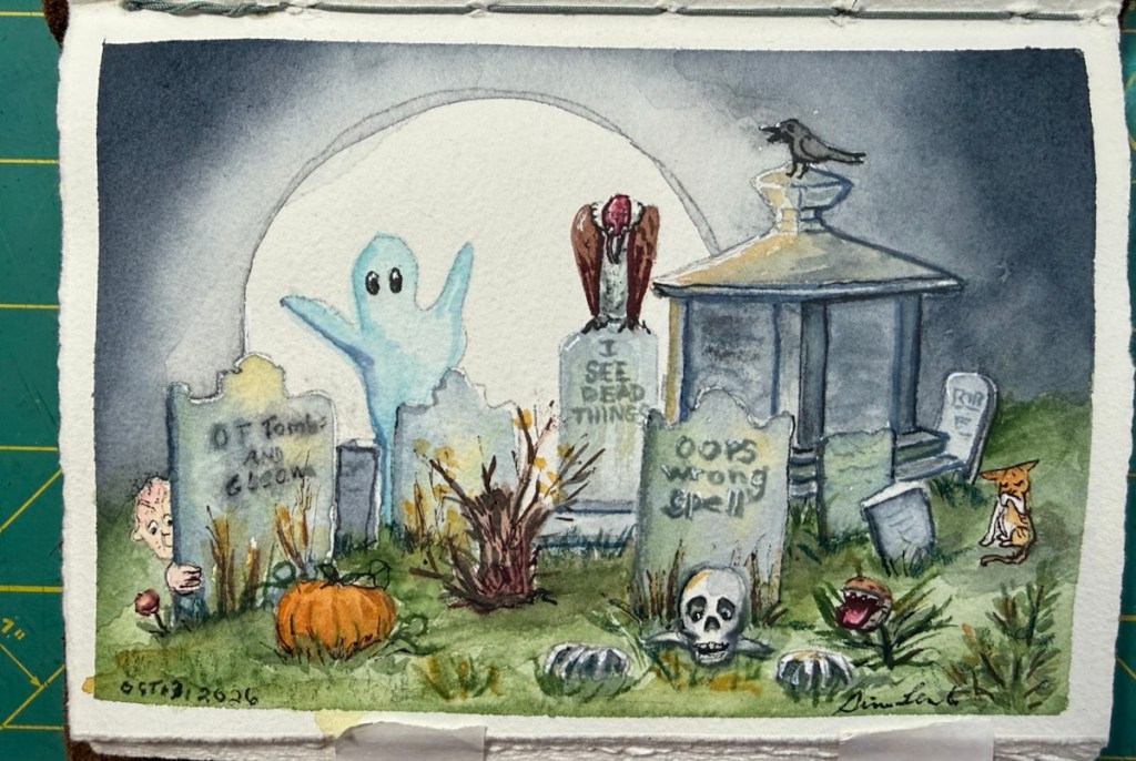 A whimsical watercolor illustration of a graveyard scene featuring a cartoon ghost, gravestones with humorous inscriptions, a pumpkin, a crow on a tomb, and a small cat observing the scene.